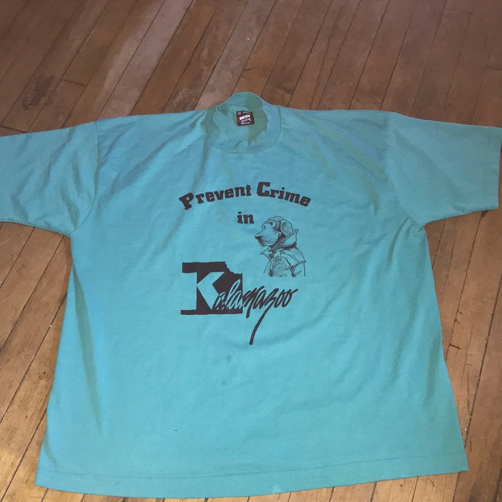 Fruit of the Loom Teal "Prevent Crime‎ in Kalamazoo" Short Sleeve Tee